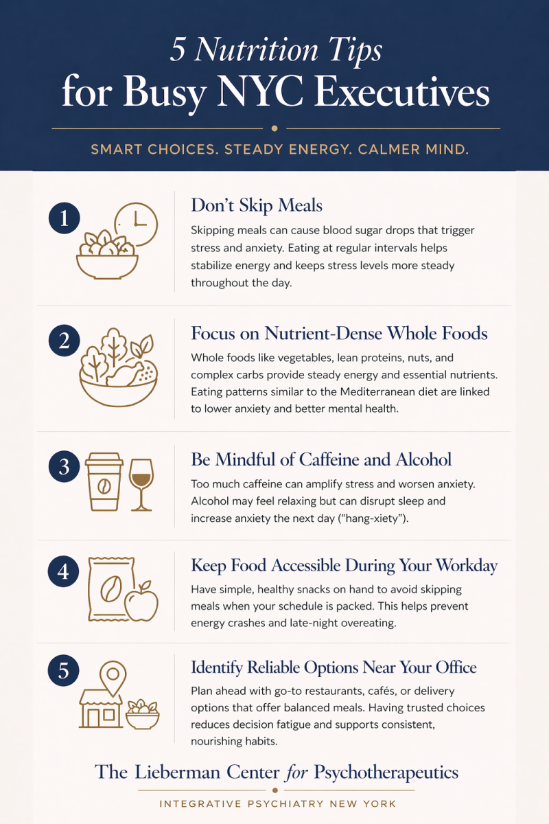 Here are some healthy eating tips for busy executives in New York. The Lieberman Center offers integrative psychiatry in NYC, Long Island, and Westchester.