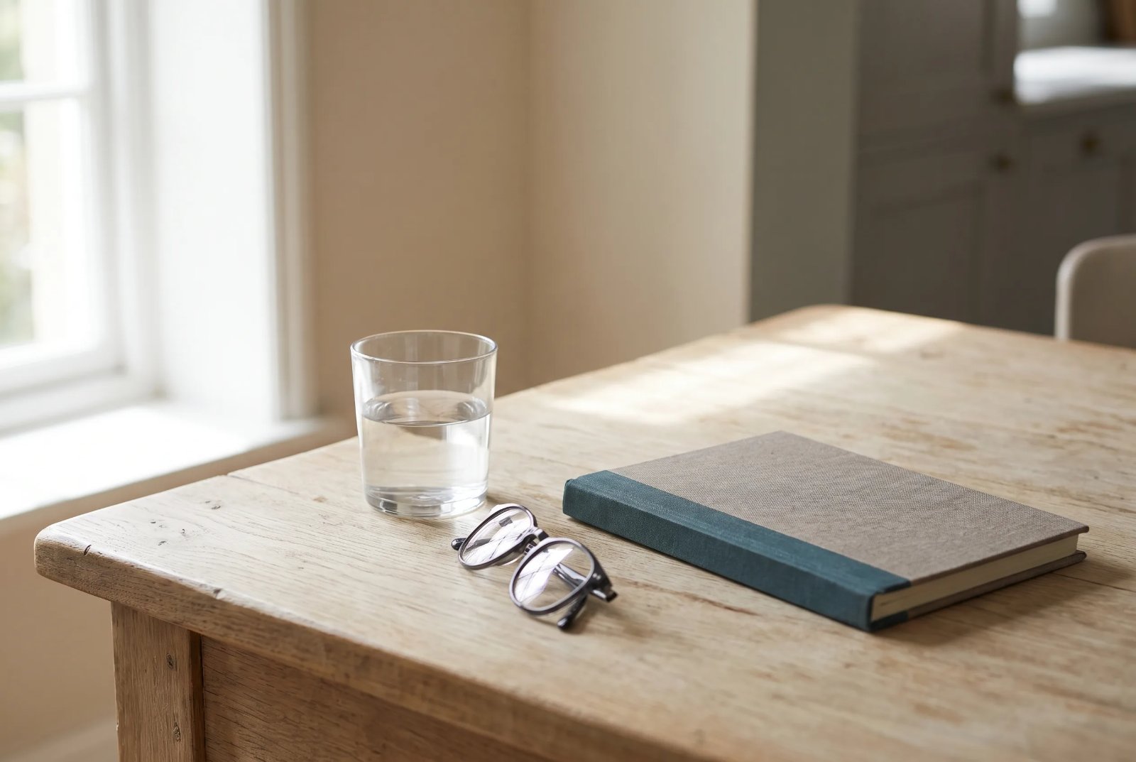 A glass of water, reading glasses and a notebook on a sunlit kitchen table
