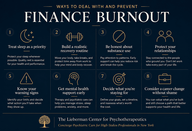 This images provides tips on how investment bankers and other finance professionals can avoid finance burnout.