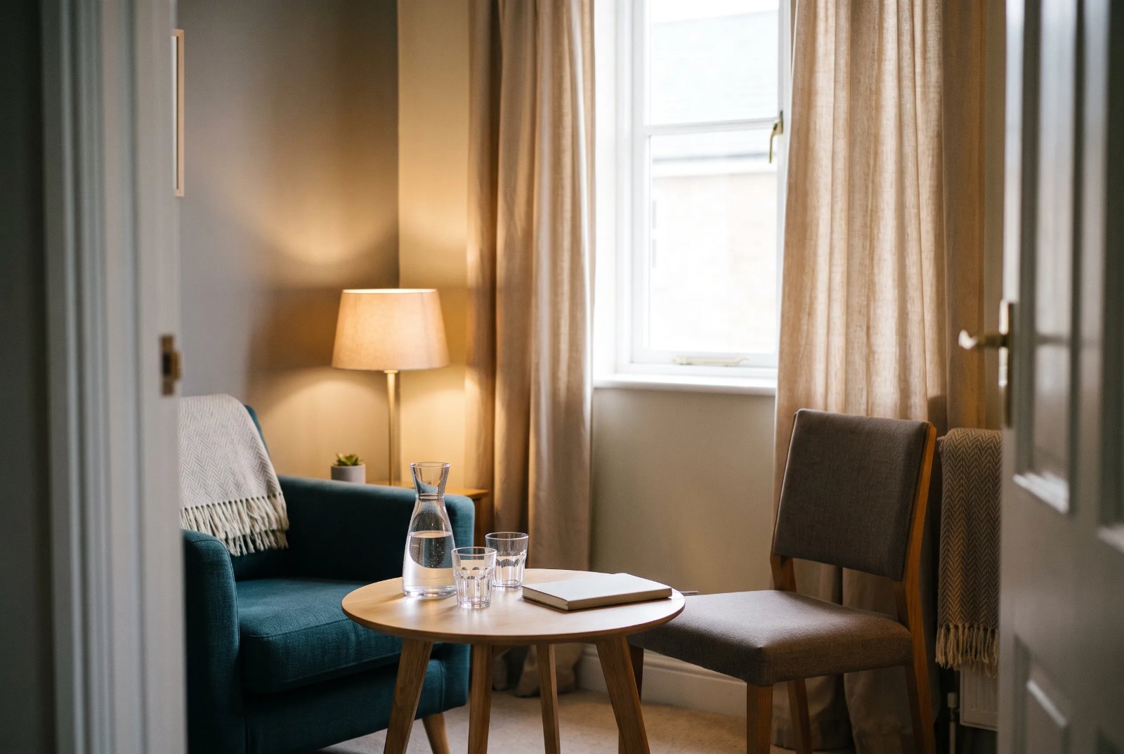 An empty private consulting room with a small table, two chairs and a carafe of water