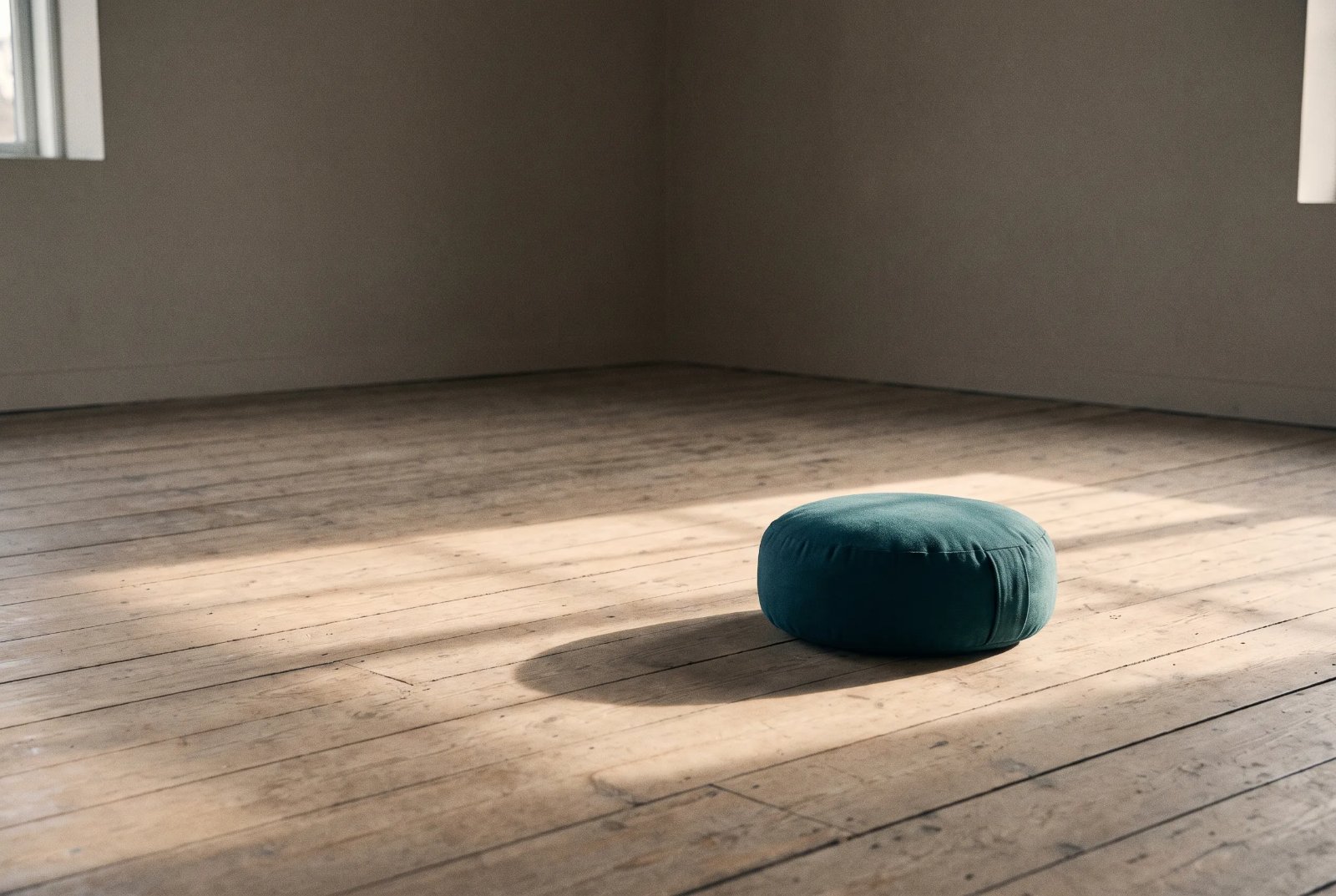 A single low cushion on a bare wood floor in morning light