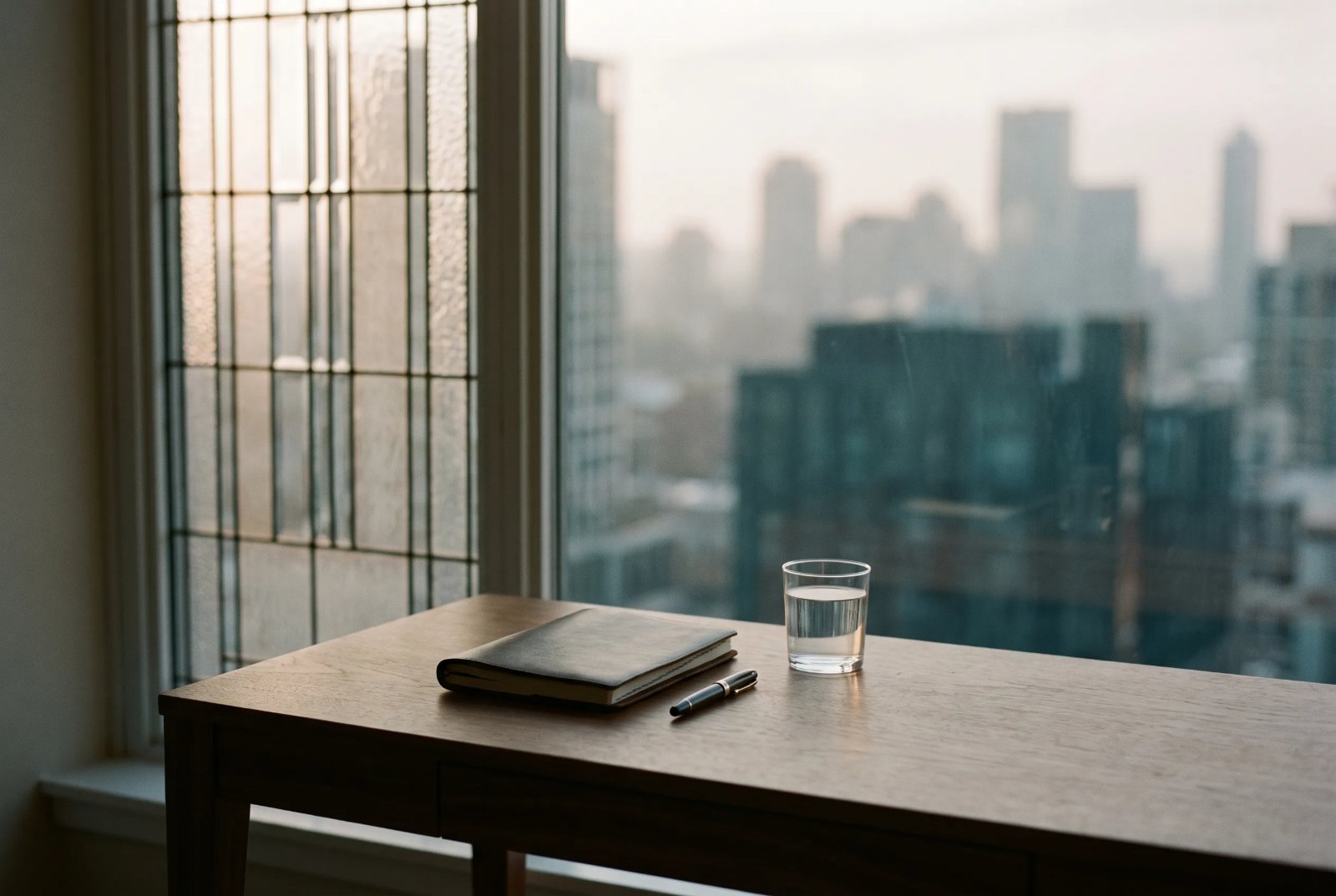 An uncluttered desk by a tall window with a soft-focus city skyline beyond