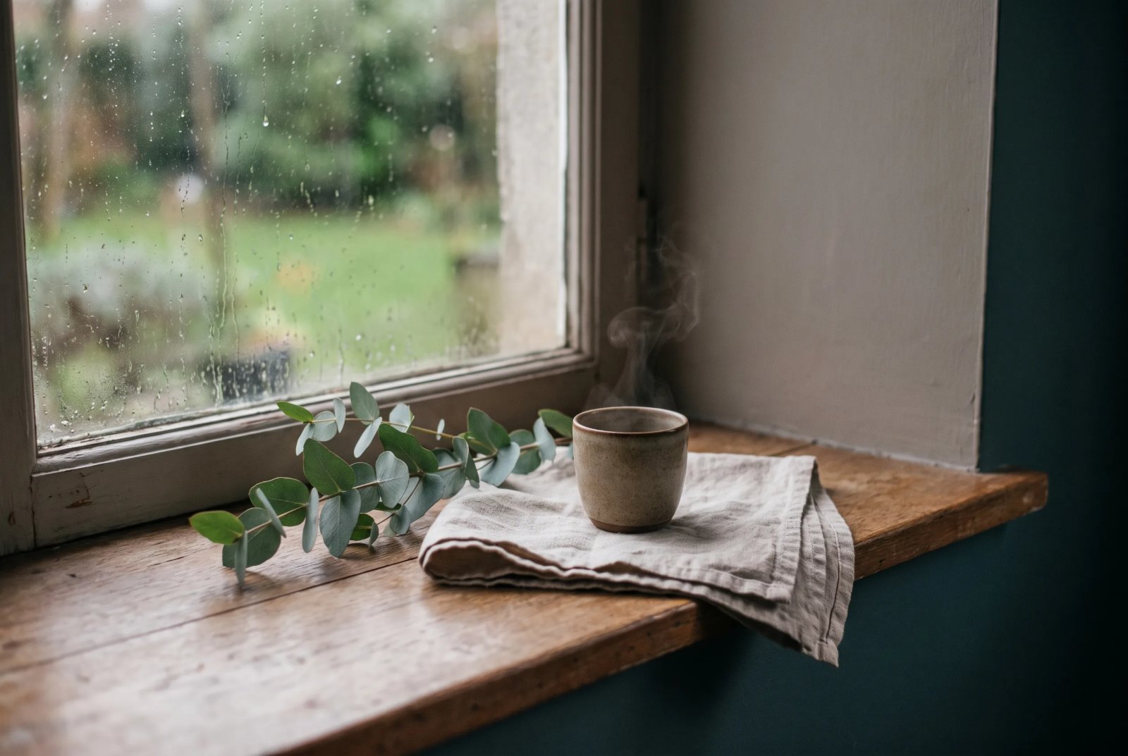 A linen cloth, a steaming cup and eucalyptus on a deep windowsill